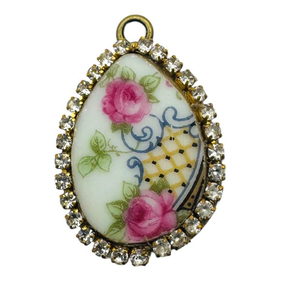 Vintage Bavaria Teardrop Porcelain Pendant With Pink Roses & Rhinestone Trim - Picture 10 of 10